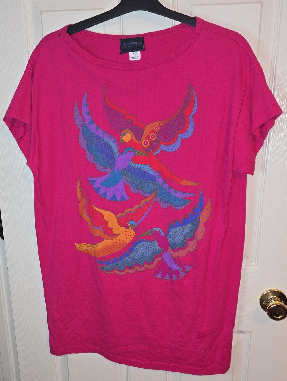 Laurel Burch Hot Pink Short Sleeve Tee with Multicolor Bird Graphic